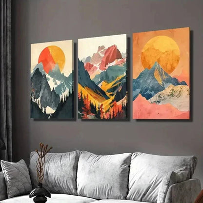 3pcs Painting of Snowy Mountain Sunrise Scenery Wall Art Set Canvas Unframed - High Quality Print 100% Australian Made Wall Canvas