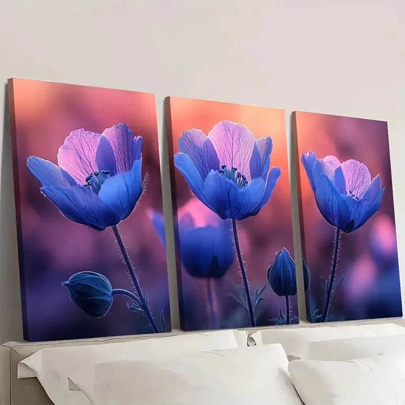 3pcs Purple Prairie Gentian Plant  EW   Wall Art Set Canvas Framed 40x60cm - High Quality Print 100% Australian Made Wall Canvas Ready to Hang