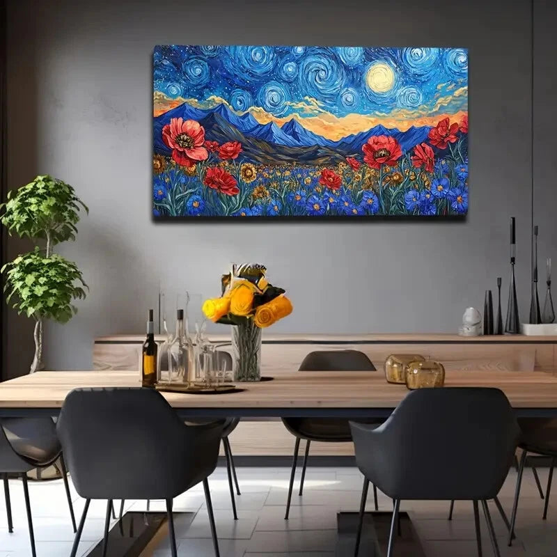 Starry Night With Yellow Moon Wall Art Canvas Office Home Room Framed 120x60cm. - Bella Home Decor