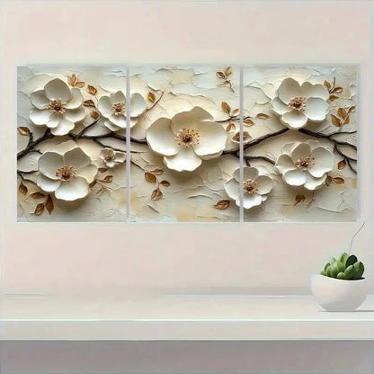 3pcs White Floral Texture Artwork Beige Minimalist Metal Print Ready to Hang Art - Bella Home Decor