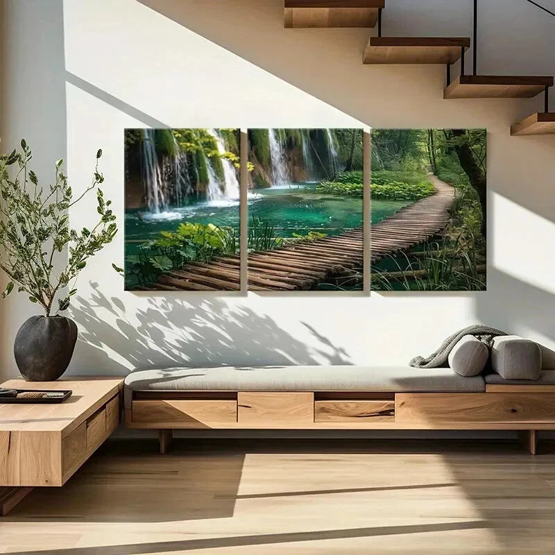 3pcs Waterfall Pond Wooden Pathway Metal Print Ready to Hang Art - Bella Home Decor