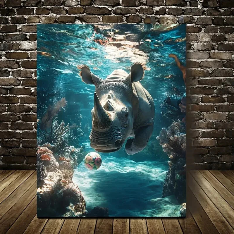 Underwater Rhino Playing with Ball Painting 40x60cm Metal Print Ready to Hang - Bella Home Decor