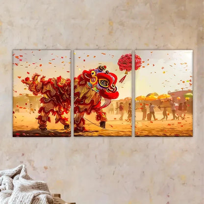3pcs Vibrant Lion Dance Scene with Confetti Wall Art Set Canvas Framed 60x90cm - High Quality Print 100% Australian Made Wall Canvas Ready to Hang - Bella Home Decor