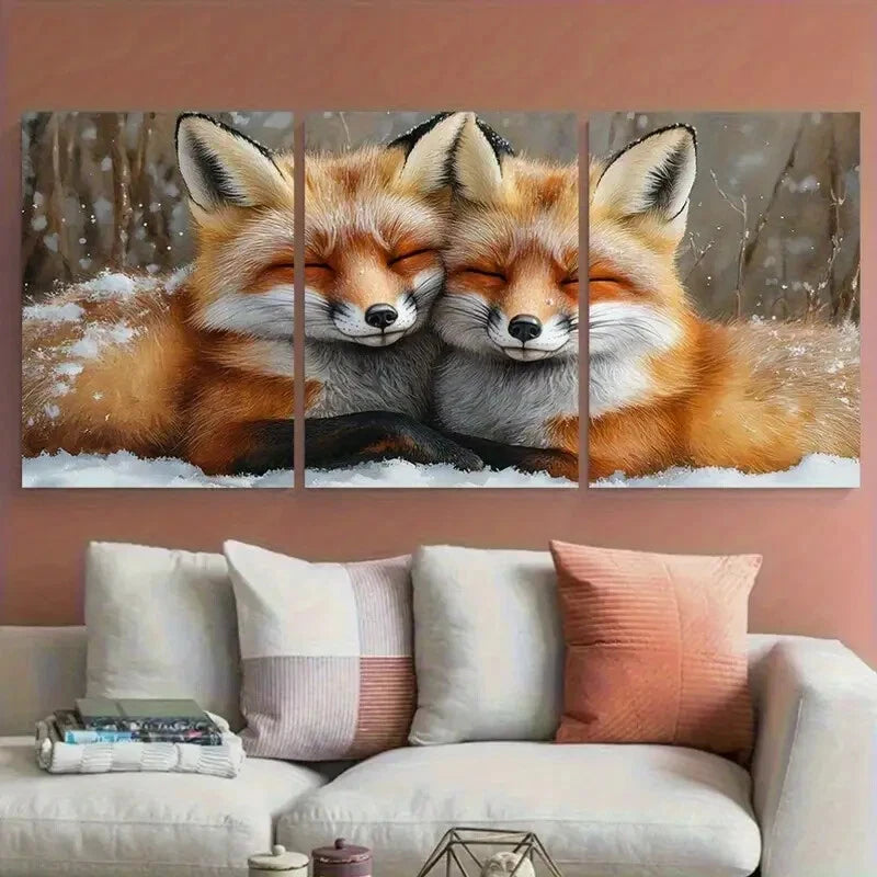 3pcs Two Wild Foxes Snuggling Metal Print Ready to Hang Art - Bella Home Decor