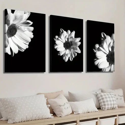 3pcs Elegant Black & White Gerbera Floral Wall Art Set Canvas Unframed - High Quality Print 100% Australian Made Wall Canvas