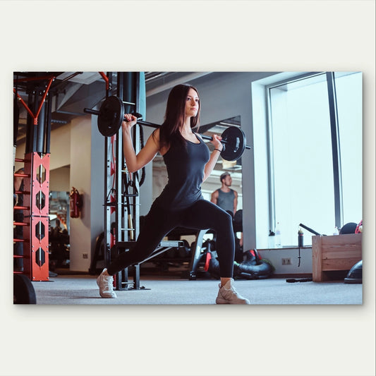 Woman Weightlifting Lunges in a Gym 5mm Plastic Poster Ready to Hang 90x60cm