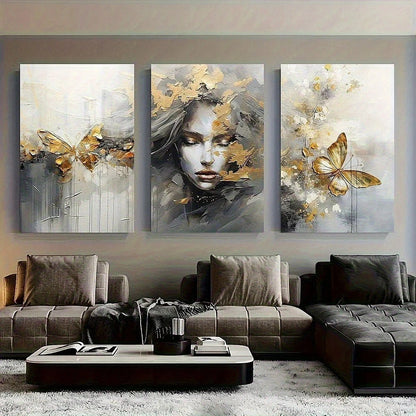 3pcs Abstract Female with Butterfly Oil Painting Metal Print Ready to Hang Art - Bella Home Decor
