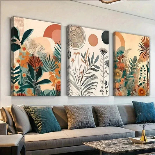 3pcs Bohemian Sun Leaves and Flowers Wall Art Set Canvas Framed 60x90cm - High Quality Print 100% Australian Made Wall Canvas Ready to Hang