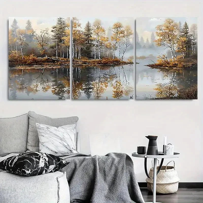 3pcs Autumn Reflections Serene Lake & Trees Metal Print Ready to Hang Art - Bella Home Decor
