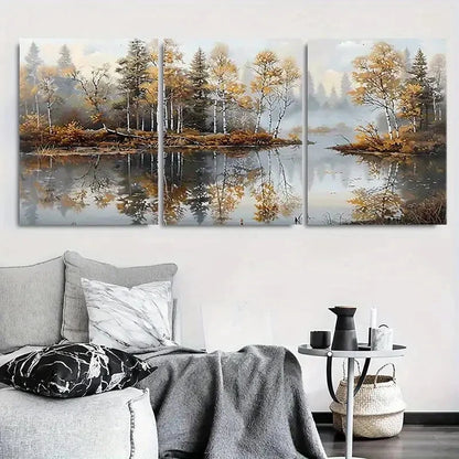 3pcs Autumn Reflections Serene Lake & Trees Metal Print Ready to Hang Art - Bella Home Decor