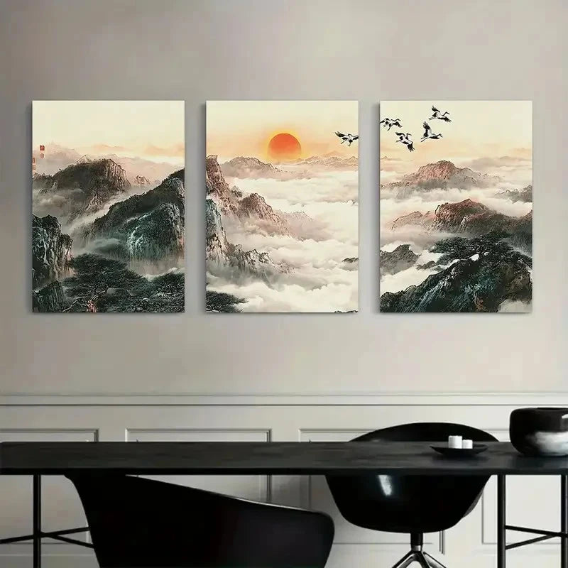 3pcs Chinese Landscape with Mountains And Clouds Metal Print Ready to Hang Art - Bella Home Decor