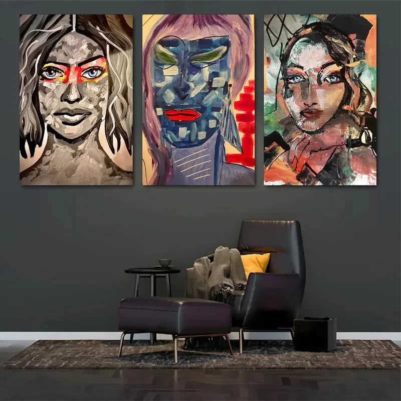 3pcs Featuring Bold Abstract Portraits Metal Print Ready to Hang Art