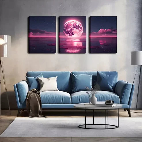 3pcs Red Moon on the Sea Wall Art Canvas Unframed - High Quality Print 100% Australian Made Wall Canvas