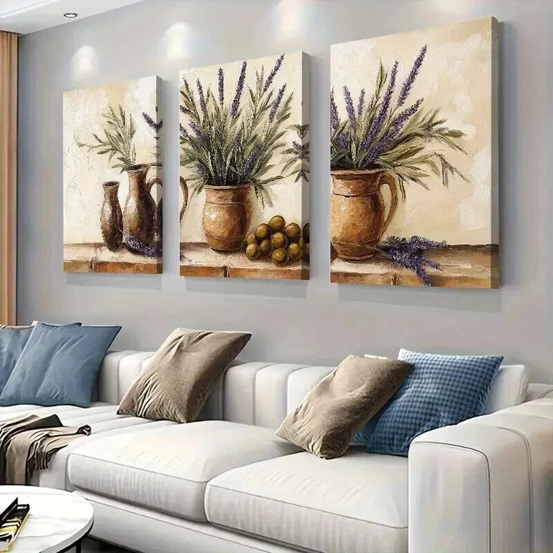 3pcs Lavender And Olive In Rustic Vases Wall Art Set Canvas Framed 50x70cm - High Quality Print 100% Australian Made Wall Canvas Ready to Hang