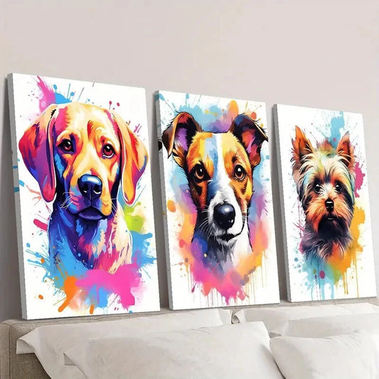 3pcs Vibrant Dog Portrait Adorable Puppies Wall Art Set Canvas Framed 40x60cm - High Quality Print 100% Australian Made Wall Canvas Ready to Hang
