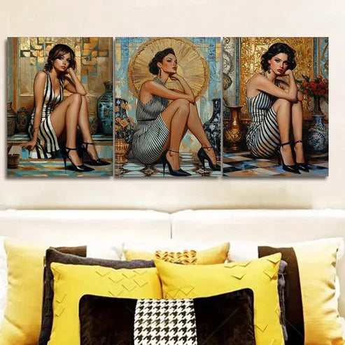 3pcs Three Fashionable Ladies Sitting Wall Art Canvas Unframed - High Quality Print 100% Australian Made Wall Canvas