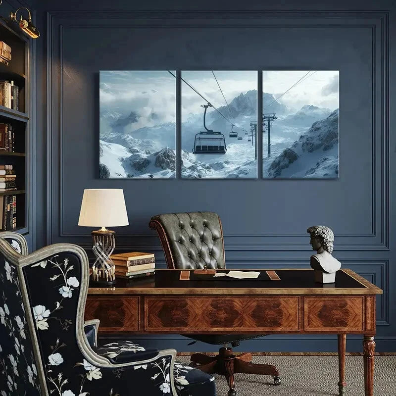 3pcs Alpine Ski Lift Snowy Mountains Landscape Metal Print Ready to Hang Art - Bella Home Decor