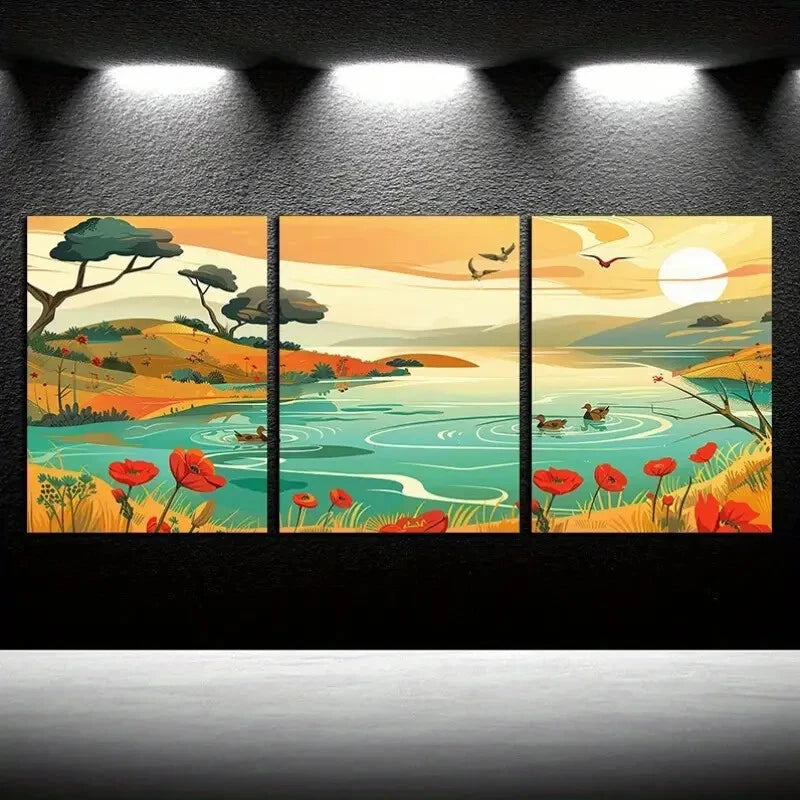 3pcs Vibrant Serene Pond and Ducks Scene Metal Print Ready to Hang Art - Bella Home Decor
