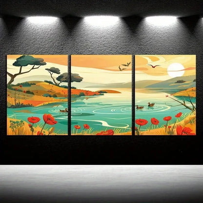 3pcs Vibrant Serene Pond and Ducks Scene Metal Print Ready to Hang Art - Bella Home Decor