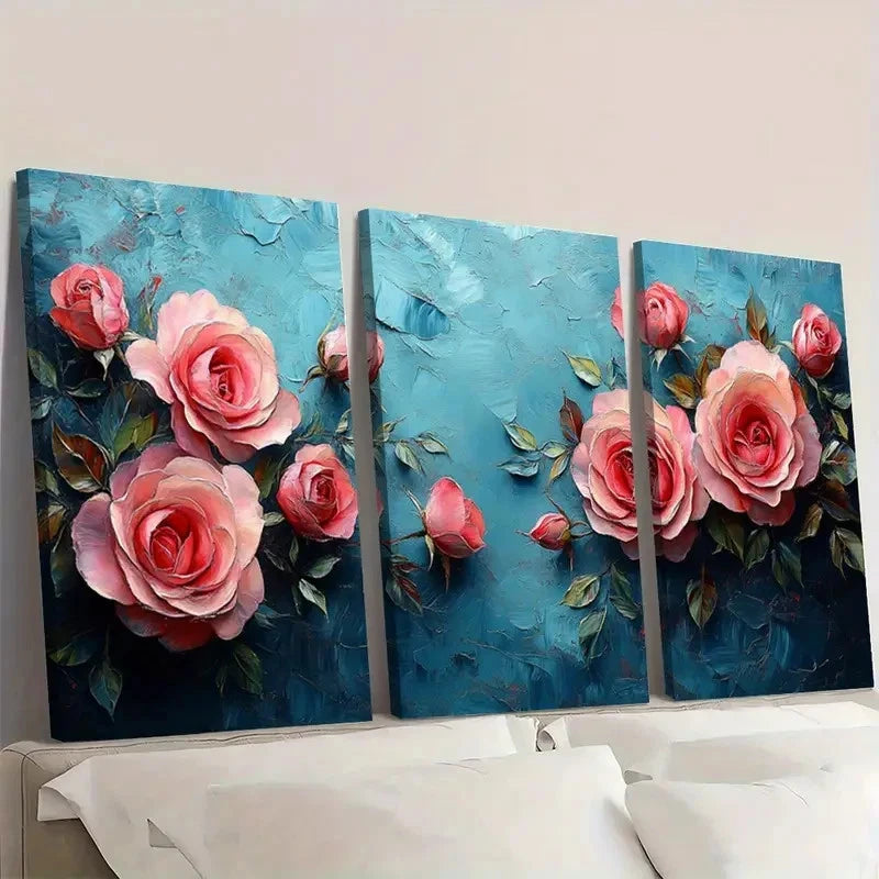 3pcs Pink Rose Roses Impasto  PR Wall Art Set Canvas Framed 40x60cm - High Quality Print 100% Australian Made Wall Canvas Ready to Hang