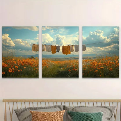 3pcs Rustic Clothesline Field Landscape w Wall Art Set Canvas Framed 40x60cm - High Quality Print 100% Australian Made Wall Canvas Ready to Hang