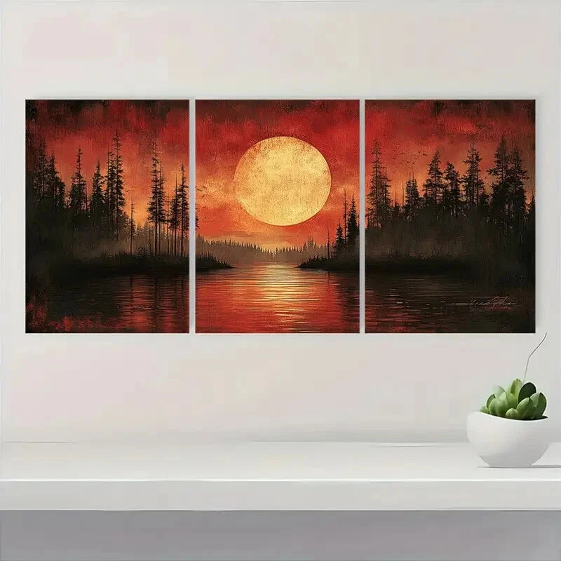 3pcs Vibrant Red Sunset with Pine Trees Lake Scene Metal Print Ready to Hang Art - Bella Home Decor