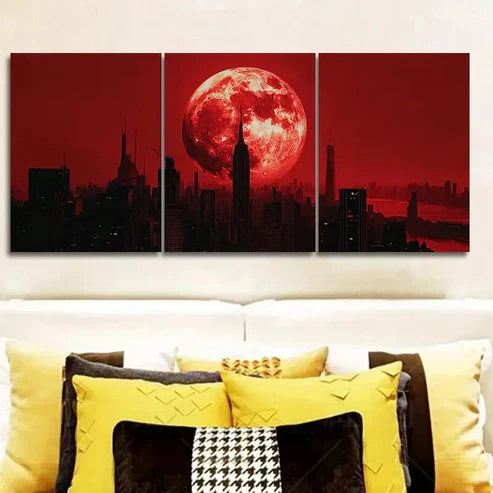 3pcs Big Red Moon Cityscape Wall Art Set Canvas Unframed - High Quality Print 100% Australian Made Wall Canvas - Bella Home Decor