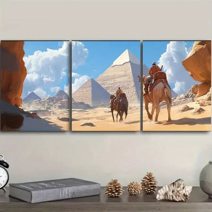 3pcs Camel Train Theme Pyramids Nature Wall Art Set Canvas Unframed - High Quality Print 100% Australian Made Wall Canvas - Bella Home Decor