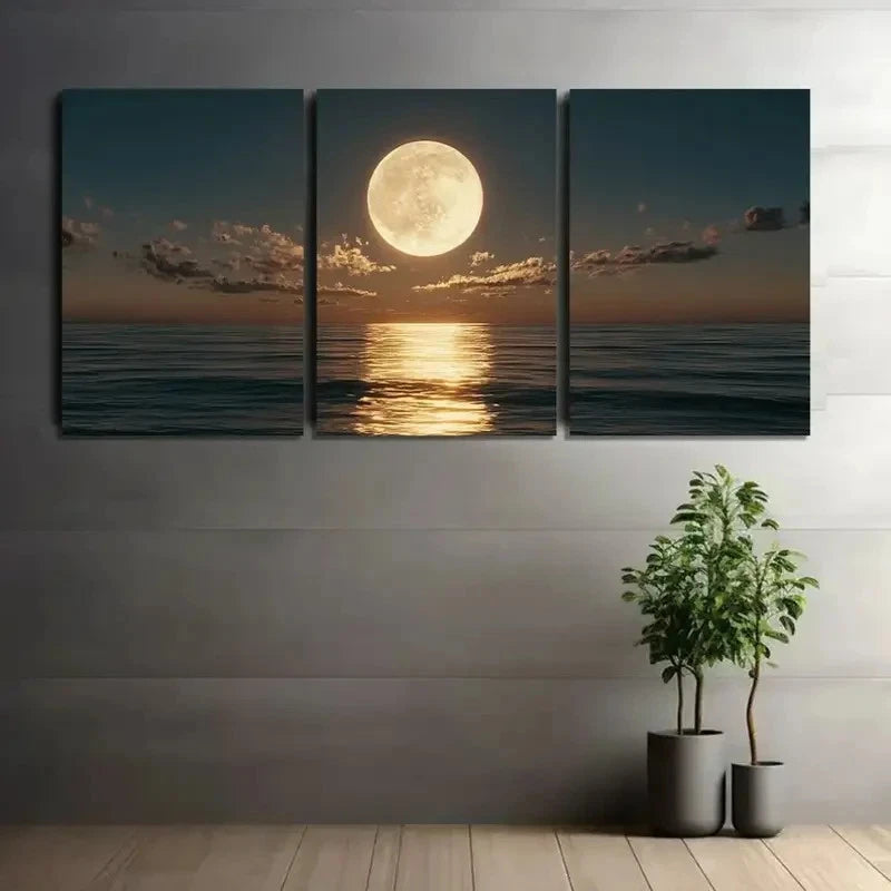 3pcs Full Moon Setting Over the Ocean Metal Print Ready to Hang Art - Bella Home Decor