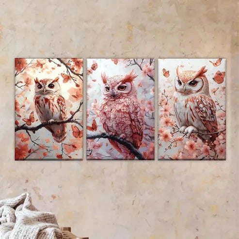 3pcs two owls sitting on a branch Wall Art Set Canvas Unframed - High Quality Print 100% Australian Made Wall Canvas - Bella Home Decor