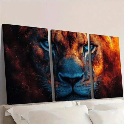 3pcs Lion with Fiery Orange & Blue Hues Wall Art Set Canvas Framed 50x70cm - High Quality Print 100% Australian Made Wall Canvas Ready to Hang