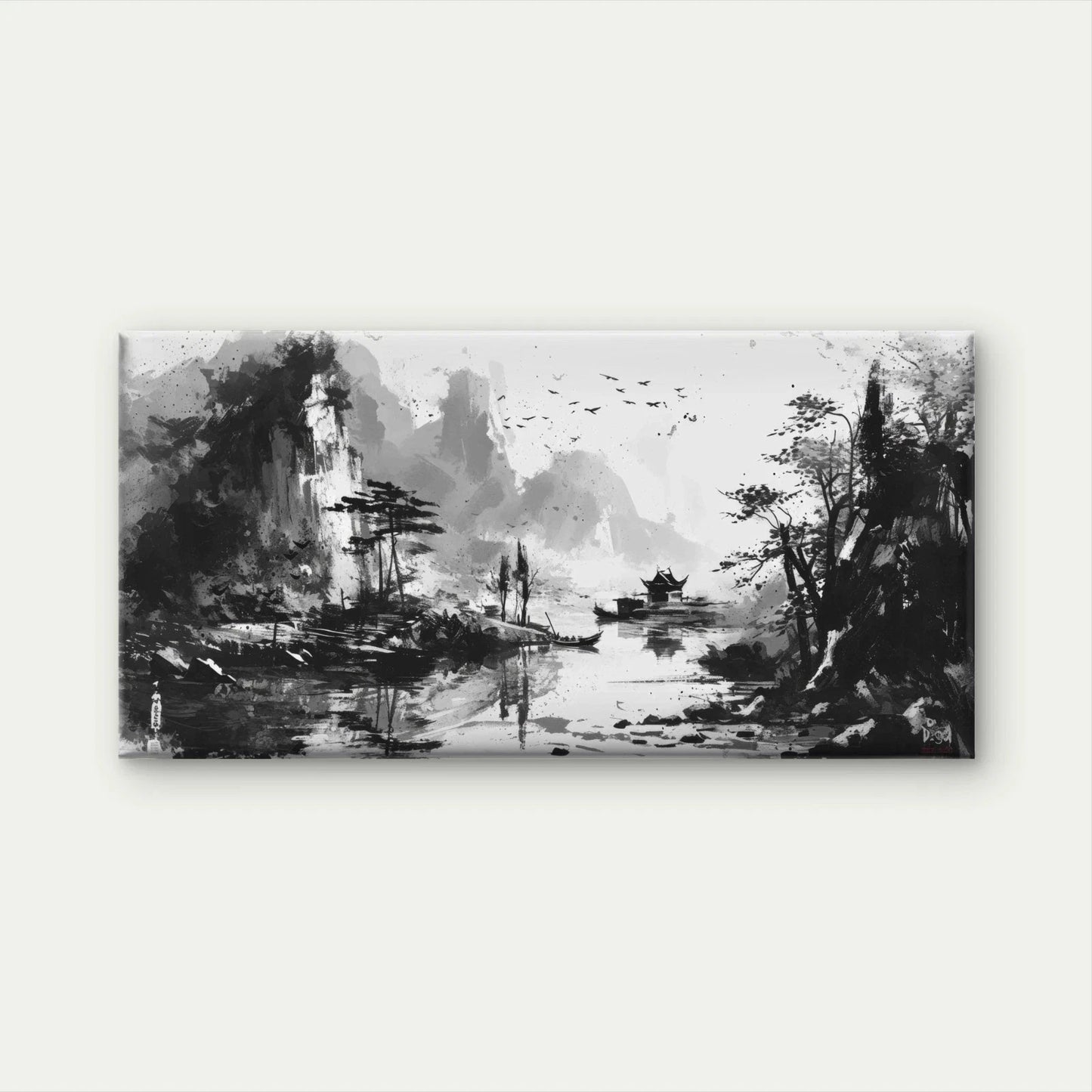 Chinese Ink Wash Style Landscap Wall Art Canvas Office Home Room Framed 120x60cm