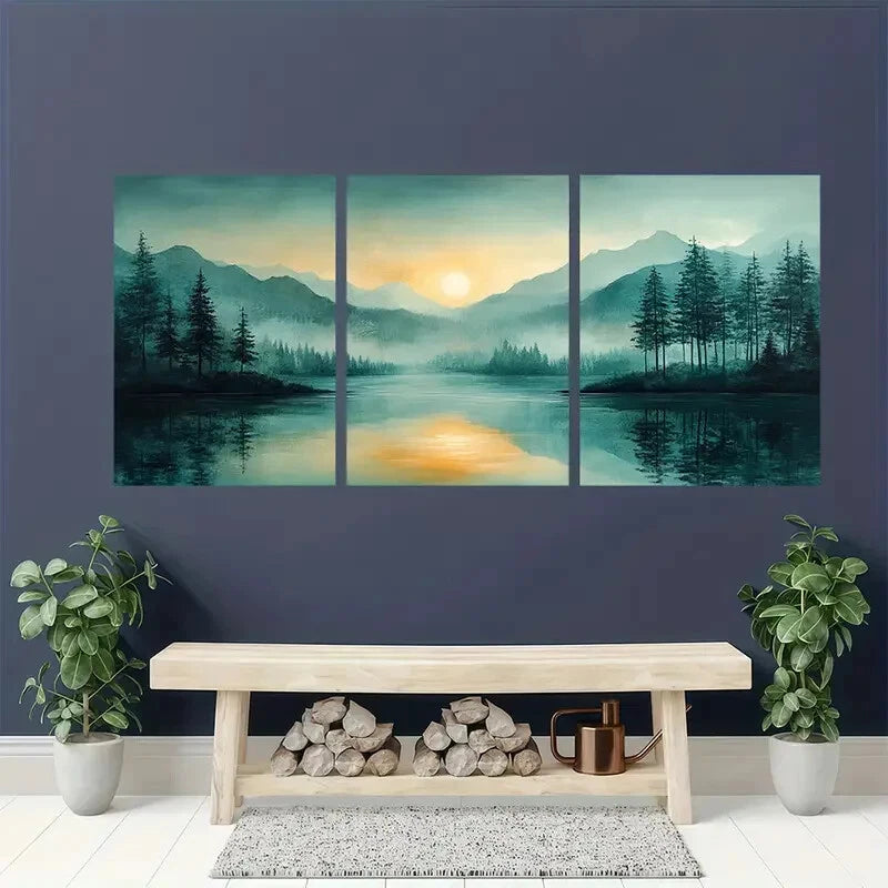 3pcs Mountain Green Pastel Abstract Landscape Metal Print Ready to Hang Art - Bella Home Decor