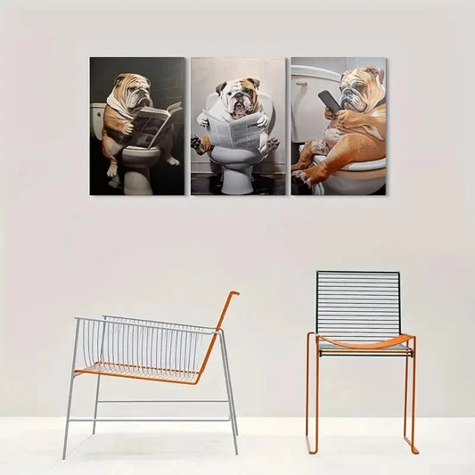 3pcs Adorable Bulldog on Toilet Funny Animal Metal Print Ready to Hang Art