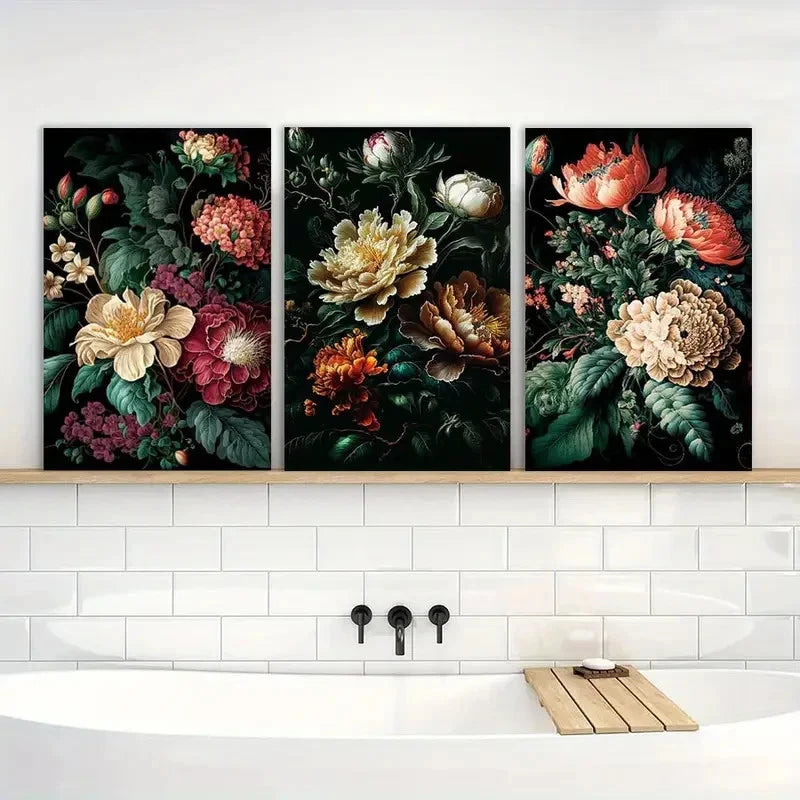 3pcs Vintage Moody Flower Floral Painting Metal Print Ready to Hang Art - Bella Home Decor