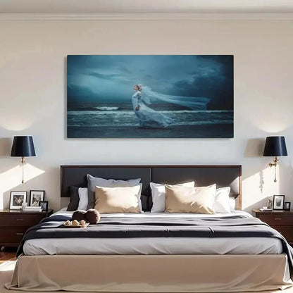 Seaside Woman In White Dress Wall Art Canvas Office Home Room Framed 120x60cm