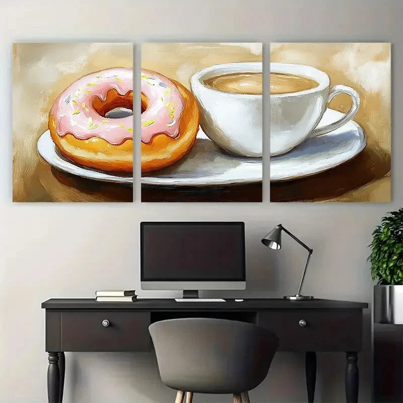 3pcs Coffee and Donut Painting Breakfast Wall Art Set Canvas Framed 50x70cm - High Quality Print 100% Australian Made Wall Canvas Ready to Hang - Bella Home Decor