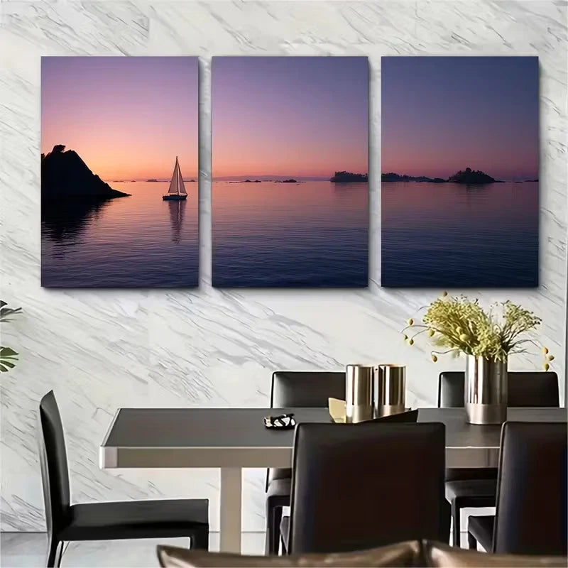 3pcs Coastal Sailboat Sunset Landscapes Metal Print Ready to Hang Art - Bella Home Decor
