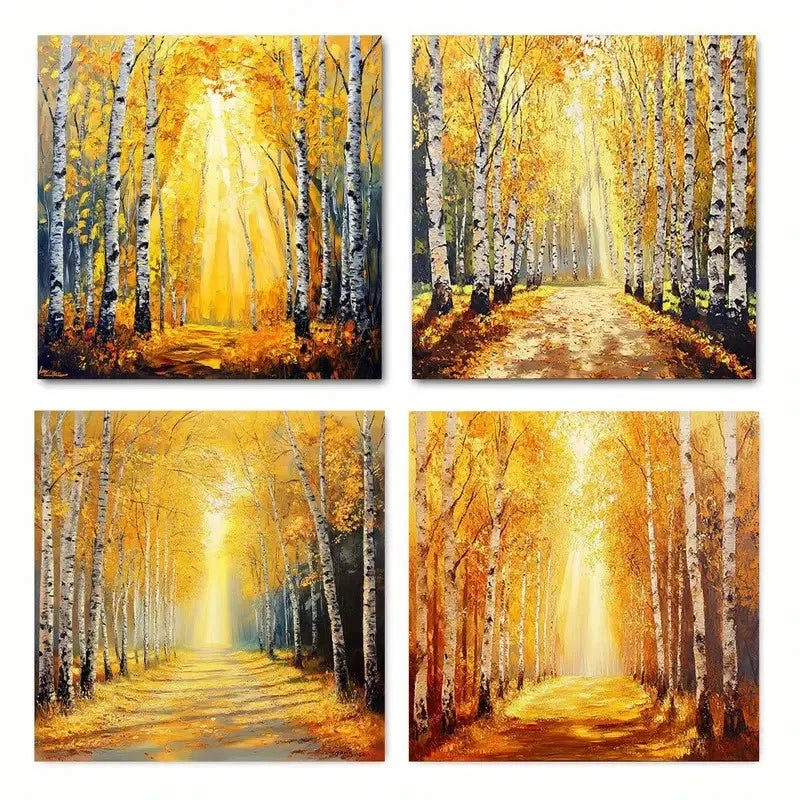 4pcs Autumn Forest Sunshine Print Wall Art Canvas Framed