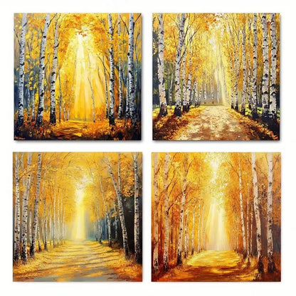 4pcs Autumn Forest Sunshine Print Wall Art Canvas Framed