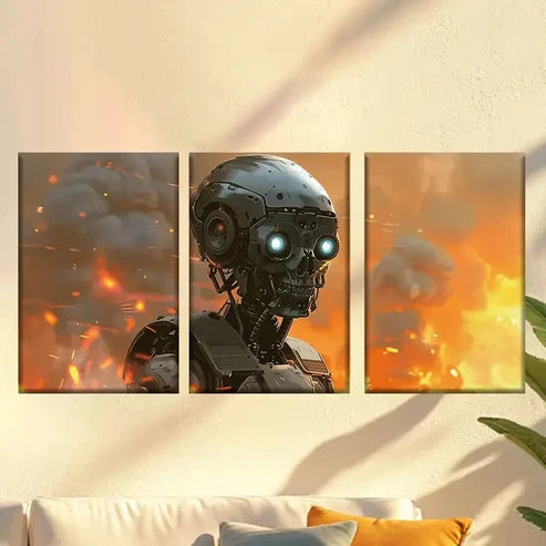 3pcs Futuristic Robot in Flames Wall Art Canvas Unframed - High Quality Print 100% Australian Made Wall Canvas