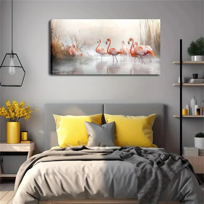 A Group Of Flamingos Wecctland Wall Art Canvas Office Home Room Framed 120x60cm - Bella Home Decor
