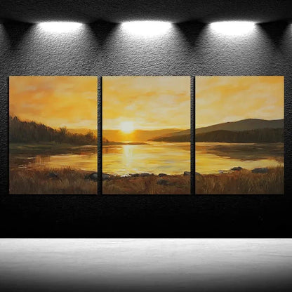 3pcs Vibrant lake under the sunset Metal Print Ready to Hang Art - Bella Home Decor