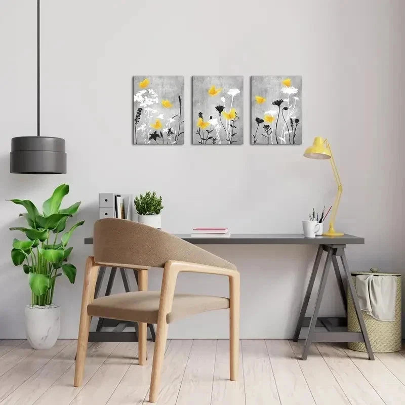 3pcs Love House Yellow  Flower Wall Art Set Canvas Framed 50x70cm - High Quality Print 100% Australian Made Wall Canvas Ready to Hang