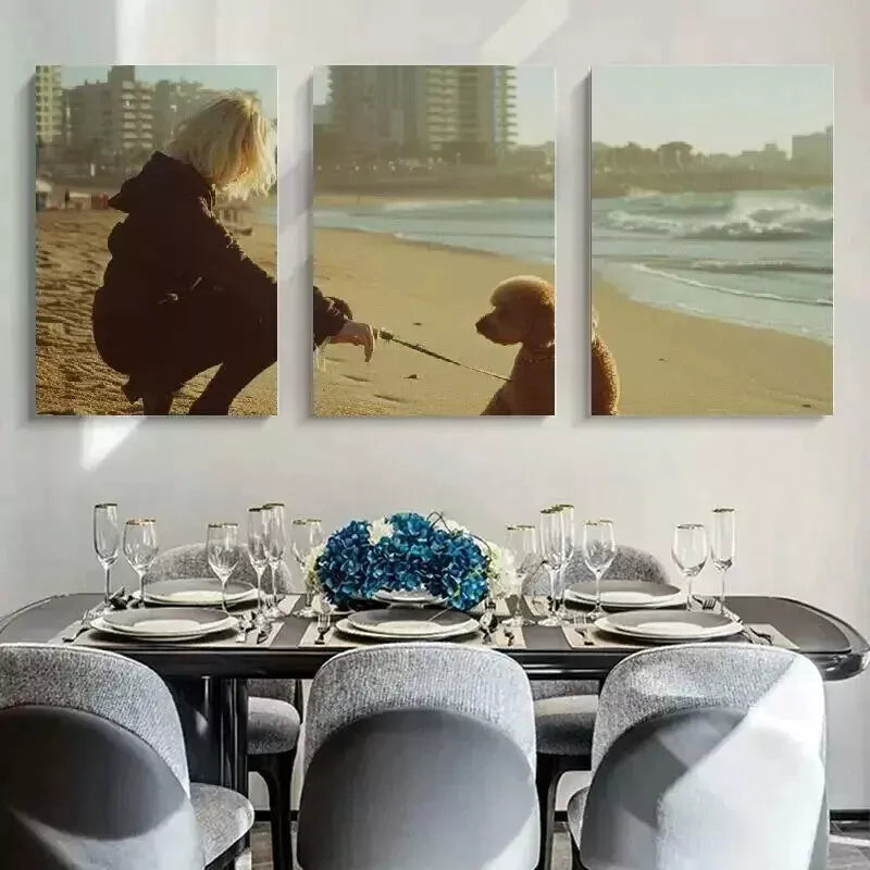 3pcs Woman With Dog In Sea & City View Wall Art Set Canvas Framed 50x70cm - High Quality Print 100% Australian Made Wall Canvas Ready to Hang