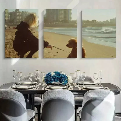 3pcs Woman With Dog In Sea & City View Wall Art Set Canvas Framed 50x70cm - High Quality Print 100% Australian Made Wall Canvas Ready to Hang