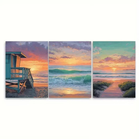 3pcs Abstract Virginia Beach Wall Art Set Canvas Framed 60x90cm - High Quality Print 100% Australian Made Wall Canvas Ready to Hang