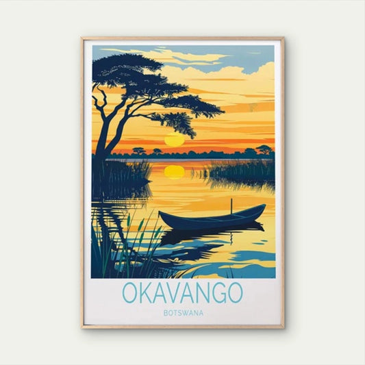 Okavango Botswana, Sunset & Boat in Lake Travel Poster Print Wall Art - Bella Home Decor