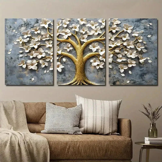 3pcs Elegant White Flower Tree Design Perfect Wall Art Set Canvas Framed 60x90cm - High Quality Print 100% Australian Made Wall Canvas Ready to Hang