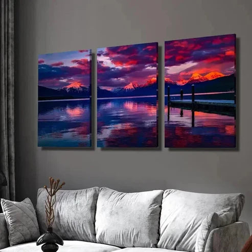 3pcs Lake and Snow Capped Mountains at Sunset Wall Art Set Canvas Unframed - High Quality Print 100% Australian Made Wall Canvas